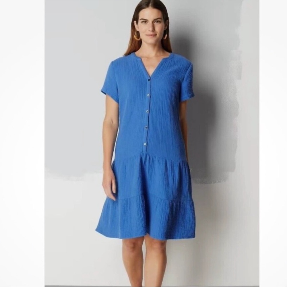 J. Jill Cyan Blue Slubbed Cotton Gauze Drop Waist Tiered Midi Dress Size L - Picture 2 of 5